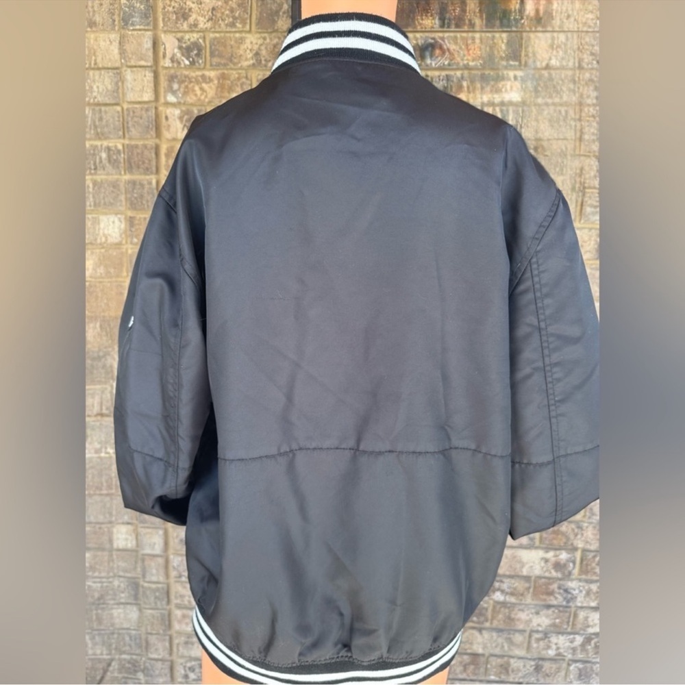 GUESS Black Satin Varsity Bomber Jacket Striped Trim Women’s Small - Picture 2 of 6